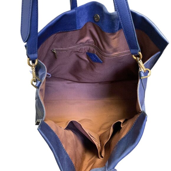 Fossil Large Blue Leather & Suede Tote Bag With Gold Hardware & Key Accent - Picture 6 of 7